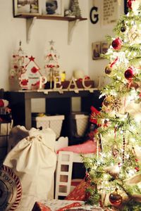 Close-up of christmas tree at home