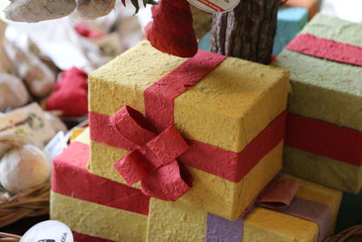 High angle view of multi colored gifts on table