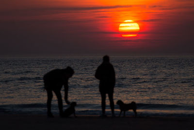 Silhouette people on beach against sky during sunset