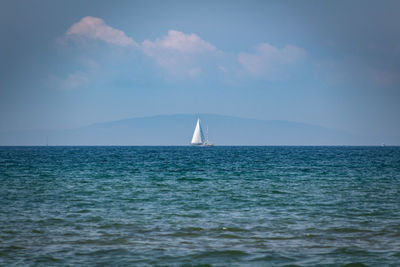 Sailboat sailing in sea against sky