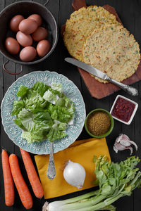 High angle view of breakfast on table