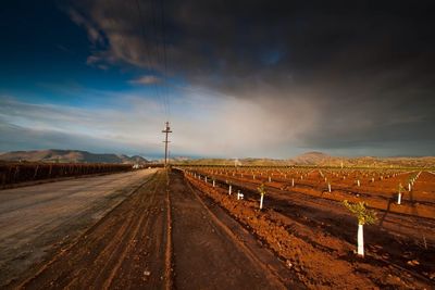 Road passing through field against cloudy sky