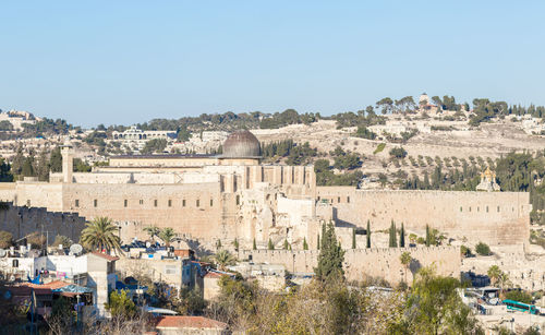 Townscape against clear sky