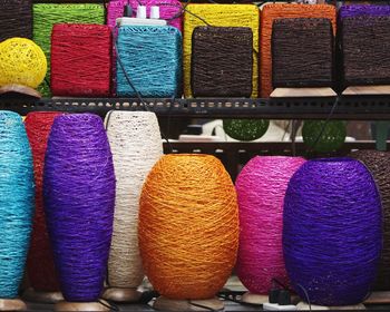 Close-up of colorful wool for sale