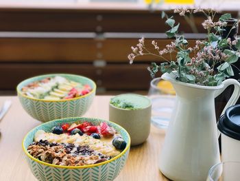 Close-up of breakfast served on table