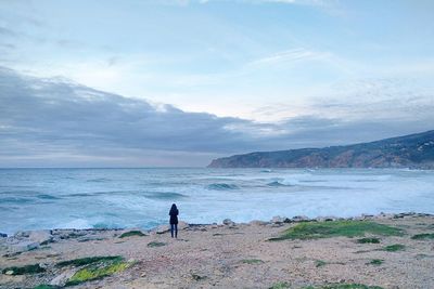 Rear view of man standing on beach against sky