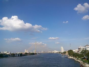 View of city at waterfront against cloudy sky