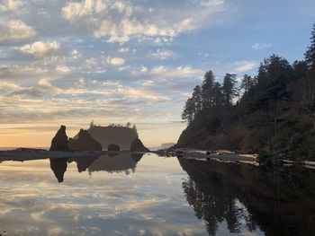 Scenic view of lake against sky at sunset