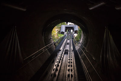 High angle view of railroad tracks in tunnel