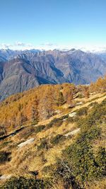 Scenic view of mountains against blue sky