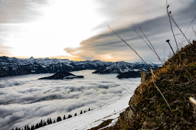 Scenic view of snowcapped mountains against sky