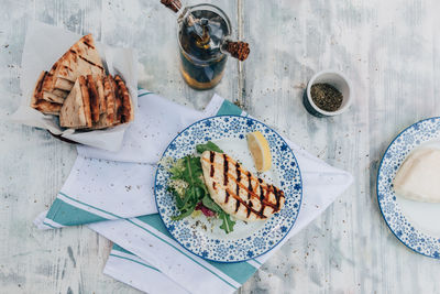 High angle view of breakfast served on table