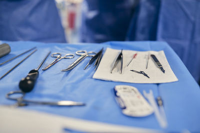 Close-up of medical equipment on table in operation room