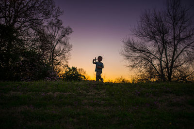 Little boy playing airplane silohette summer sunset purple yellow