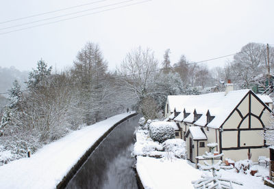 Snow covered landscape against clear sky