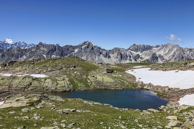 Scenic view of lake and mountains against clear blue sky