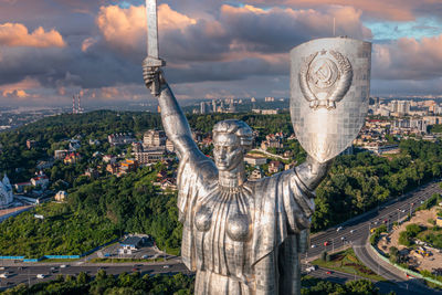 Aerial view of the mother motherland monument in kiev.