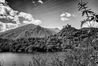 Scenic view of lake and mountains against sky