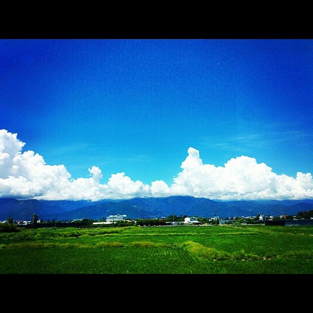 landscape, tranquil scene, transfer print, blue, field, tranquility, sky, grass, scenics, beauty in nature, nature, auto post production filter, green color, horizon over land, rural scene, cloud, grassy, idyllic, non-urban scene, countryside