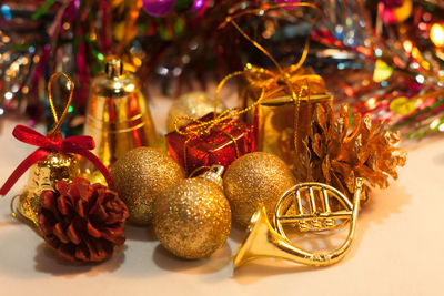 Close-up of christmas decorations on table