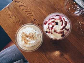 Directly above shot of drinks on table in restaurant