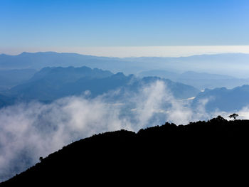 Scenic view of silhouette mountains against sky