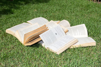 High angle view of open book on field