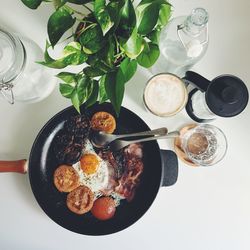 High angle view of breakfast on table