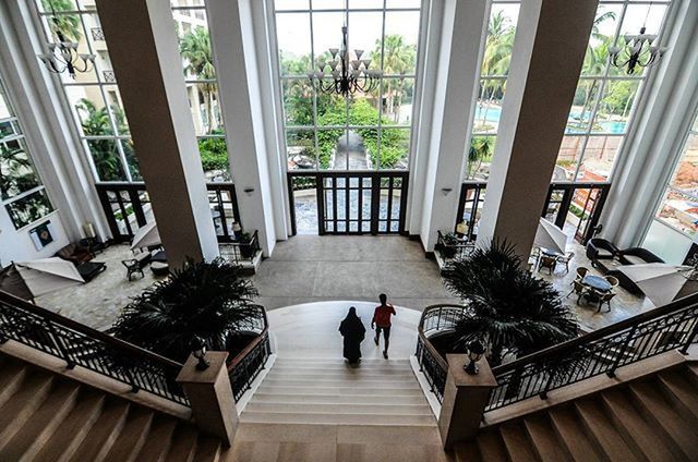 architecture, built structure, indoors, person, men, railing, building exterior, tree, walking, steps, lifestyles, staircase, potted plant, day, the way forward, growth, sunlight, steps and staircases, high angle view