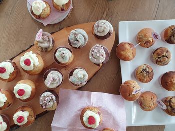 High angle view of dessert served on table