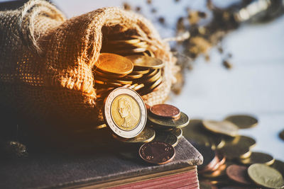 Close-up of coins spilling on table