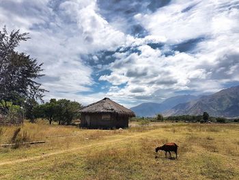 View of built structure on landscape against sky