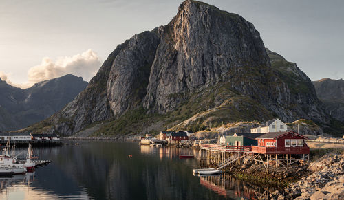 View over fishing houses called rorbu in reine, a small village on lofoten islands in norway.