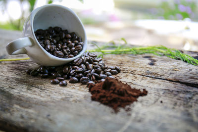 Close-up of coffee beans on table