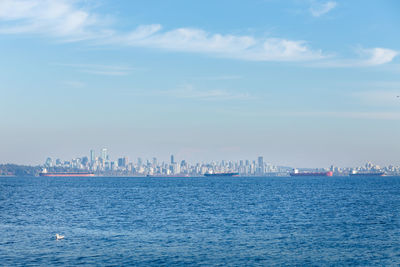 Scenic view of sea by buildings against sky