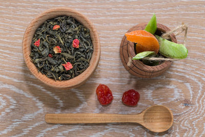 High angle view of fruits in bowl on table