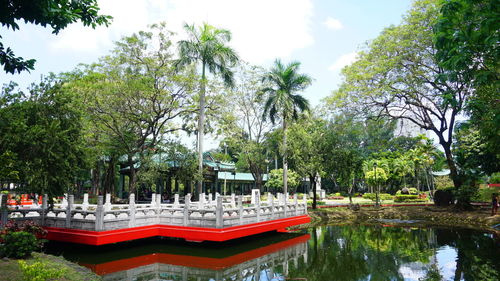 Panoramic view of temple by lake
