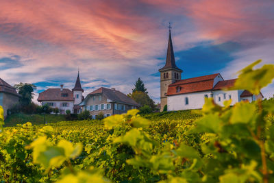View of the font castle in the canton of friborg at sunset, switzerland.