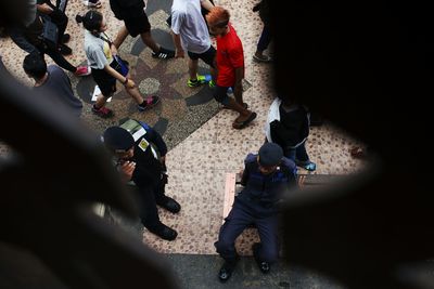 High angle view of people on street