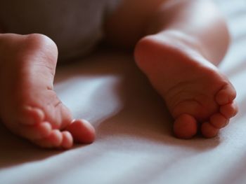 Low section of baby feet on bed