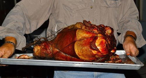 Midsection of man holding tray with chicken meat