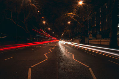 Light trails on road at night