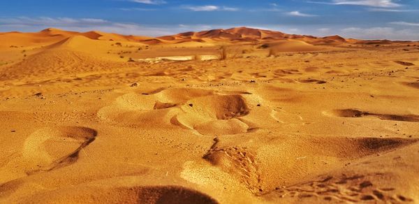 Sand dunes in desert against sky