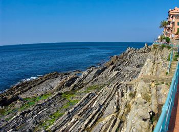 Scenic view of sea against clear blue sky