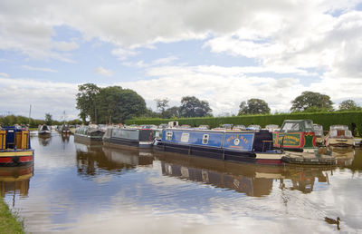 Boats moored in lake against sky