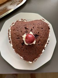 High angle view of cake in plate on table