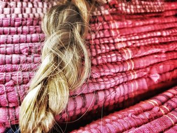 Close-up of woman hair on textile