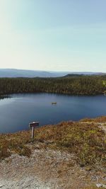 Scenic view of lake against clear blue sky