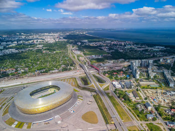 High angle view of cityscape against sky