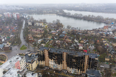 The aerial view of the destroyed and burnt buildings.